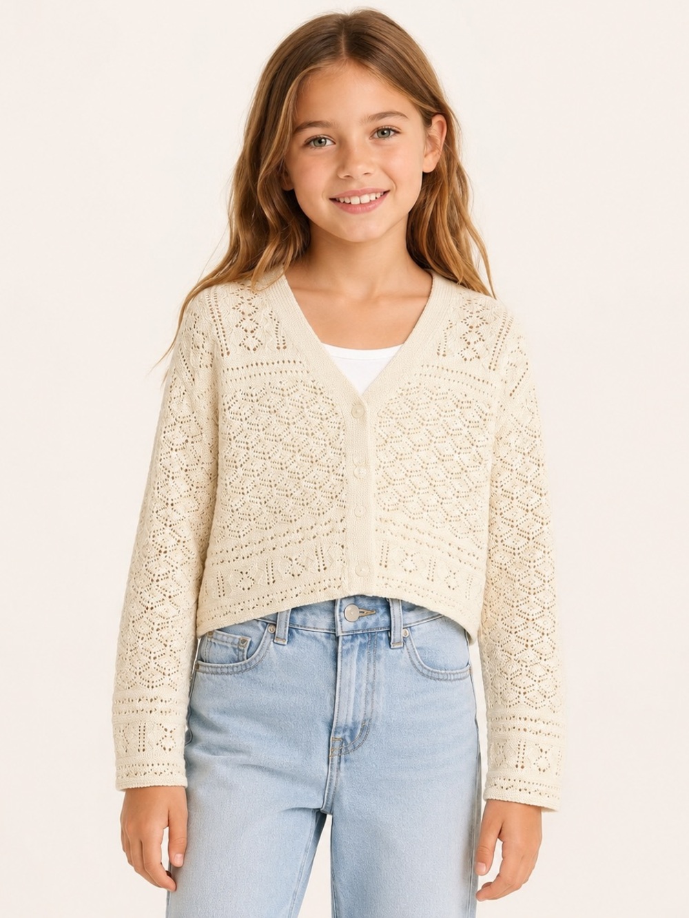 Zara Girls 100% Cotton 8–9 Cream Pointelle Knit Cardigan NWT